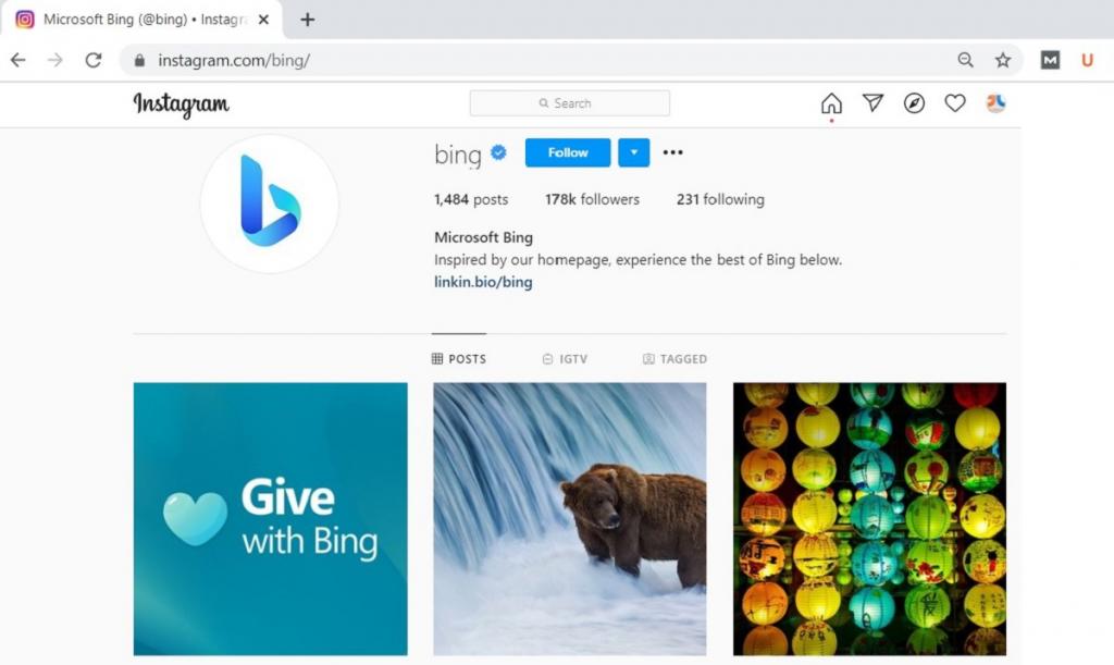 Instagram Profile of Bing after Rebranding to Microsoft Bing