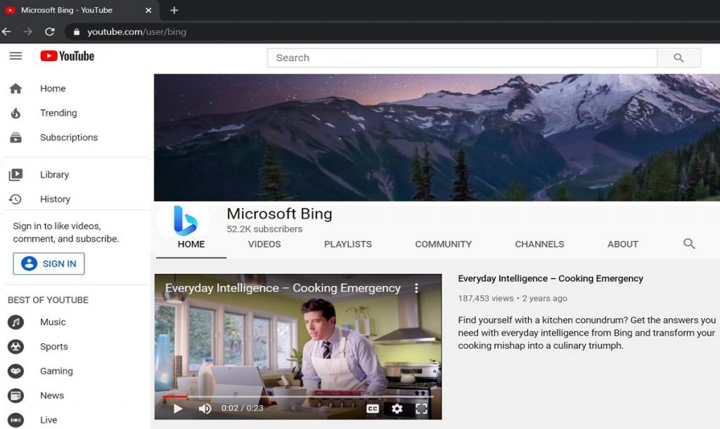 YouTube Profile of Bing after Rebranding to Microsoft Bing